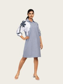 Richaa Goenka - Blue Stripe A Line Knee Length Dress