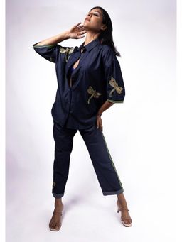 Richaa Goenka - Blue Denim Oversized Fit Embroidered Shirt