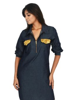 Richaa Goenka - Blue Denim A Line Knee Length Dress