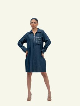 Richaa Goenka - Blue Denim Cotton A Line Mini Dress