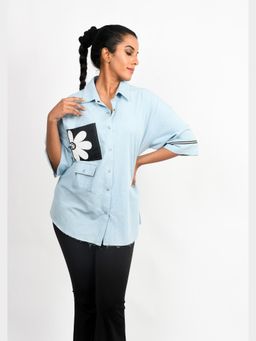 Richaa Goenka - Ice Denim Oversize Beaded Embroidered Shirt