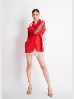 Richaa Goenka - Red Comfort Fit Cotton Leather Cutout Shirt