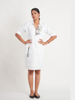 Richaa Goenka - Leopard Foil Printed White A Line Knee Length Dress