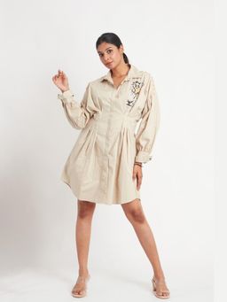 Richaa Goenka - Beige Pleat Tucks Printed A Line Knee Length Dress