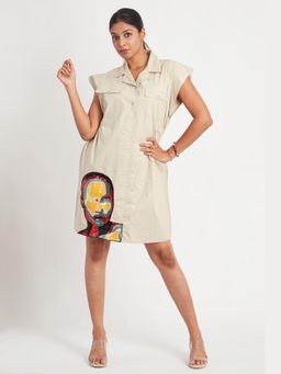 Richaa Goenka - Beige Embroidered A Line Knee Length Dress