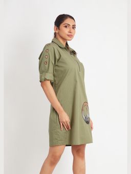 Richaa Goenka - Olive Cotton A Line Knee Length Dress