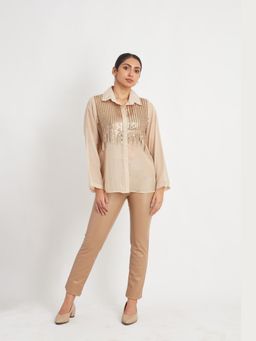 Richaa Goenka - Beige Organza Sequin Stripes Shirt