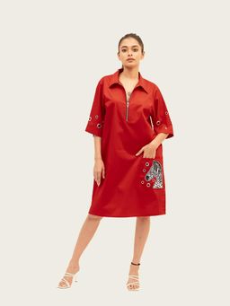 Richaa Goenka - Red Cotton A Line Knee Length Dress
