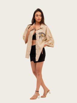 Richaa Goenka - Beige Cotton Oversized Embroidered Shirt