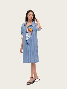 Richaa Goenka - Blue Stripe Cotton A Line Knee Length Dress