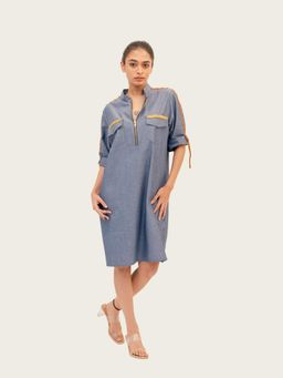 Richaa Goenka - Blue Chambray A Line Knee Length Dress