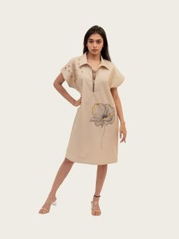 Richaa Goenka - Beige Cotton Printed A Line Knee Length Dress