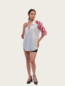 Richaa Goenka - White Cotton Shirt Contrast Sleeves Embroidered Shirt