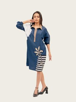 Richaa Goenka - Blue Denim A Line Knee Length Dress