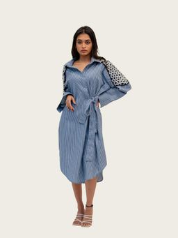 Richaa Goenka - Blue White Striped Cotton A Line Midi Dress
