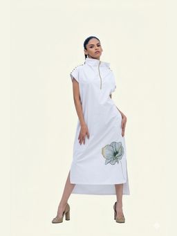 Richaa Goenka - White Cotton Printed A Line Midi Dress