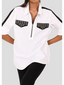 Richaa Goenka - White Comfort Fit Cotton Eyelet Pockets Shirt