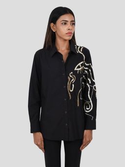 Richaa Goenka - Black Comfort Fit Cotton Embroidered Shirt