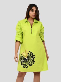 Richaa Goenka - Green Cotton Printed A Line Mini Dress