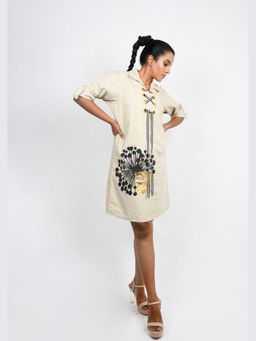 Richaa Goenka - Beige Foil Printed A Line Knee Length Dress