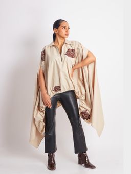 Richaa Goenka - Beige Drawstring Cape Applique Motifs Top