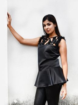 Richaa Goenka - Black Satin Cutwork Top