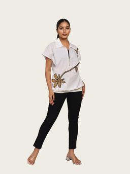 Richaa Goenka - White Cotton Bomber Embroidered Top