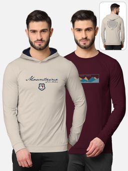 BULLMER - Printed Full Sleeve T-shirt For Men Beige And Burgundy (Pack of 2)