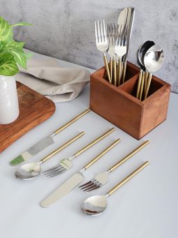 VarEesha - Gold Hammered Steel Head Cutlery Set Of Eighteen - Spoons, Forks & Knives