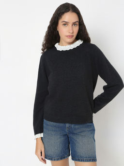 VERO MODA - Black Schiffli Lace Collar Sweater