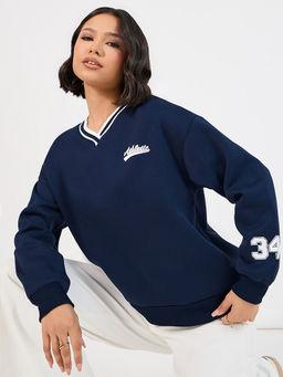 Styli - Women Printed V-Neck Oversized Fit Sweatshirt