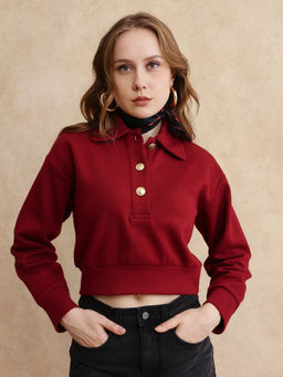 RAREISM - Celtik Maroon Solid Relaxed Crop Sweatshirt