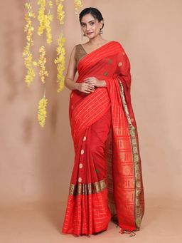 CHARUKRITI - Maroon Cotton Geometric Patterns & Ethnic Designs Handwoven Saree with Unstitched Blouse