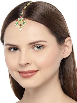 Accessher - Gold Plated Kundan Ruby & Emrald Style Brass Ethnic Maang Tika