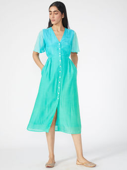 Okhai - Aqua Blue Muslin Silk V-neckline Dress