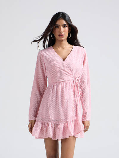 Light Pink Textured V Neck Ruffled Mini Wrap Dress