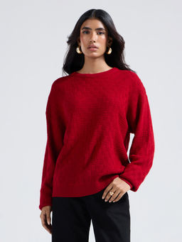 Twenty Dresses by Nykaa Fashion - Cherry Red Self Design Round Neck Sweater