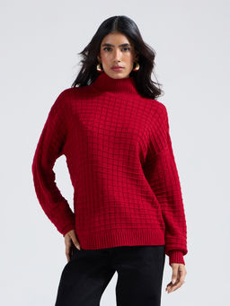 Twenty Dresses by Nykaa Fashion - Red Square Self Design High Neck Sweater