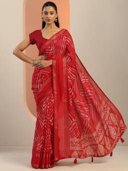 Libas - Red Chevron Saree With Woven Design Border And Unstitched Blouse Piece