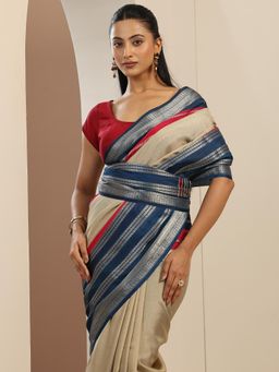 Libas - Beige Saree With Woven Design Border And Unstitched Blouse Piece
