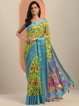 Libas - Green Floral Saree With Woven Design Border And Unstitched Blouse Piece