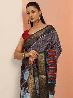 Libas - Blue Striped Saree With Woven Design Border And Unstitched Blouse Piece