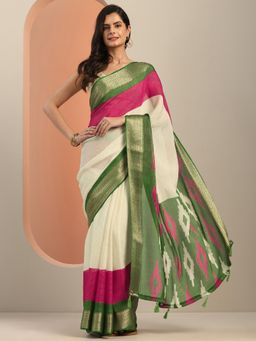 Libas - Off White Handloom Saree With Woven Design Border And Unstitched Blouse Piece