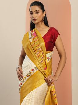 Libas - Off White Animal Saree With Woven Design Border And Unstitched Blouse Piece