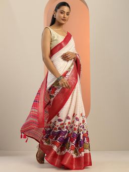 Libas - Off White Animal Saree With Woven Design Border And Unstitched Blouse Piece