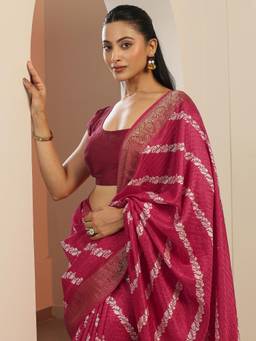 Libas - Pink Motif Pintuck Saree With Woven Design Border And Unstitched Blouse Piece