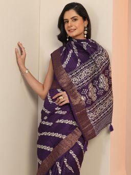 Libas - Purple Motif Pintuck Saree With Woven Design Border And Unstitched Blouse Piece