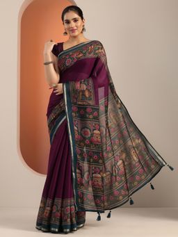 Libas - Burgundy Printed Saree With Unstitched Blouse For Women