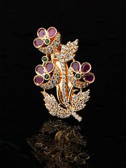 Yellow Chimes - Women Gold-Toned and White AD-Studded Floral Brooch