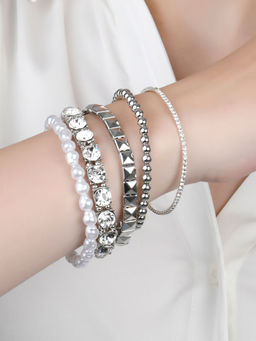 Lilly & Sparkle - Silver Toned Pearl and Crystal Stretchable Bracelets (Pack of 5)